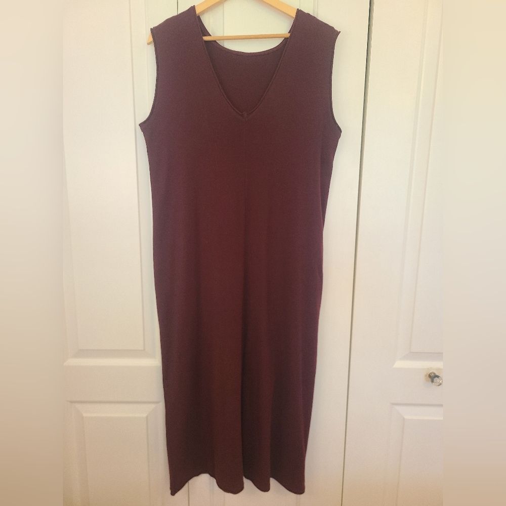 ZZs Organic Cotton Burgundy V-neck Cap Sleeve Tunic Maxi Dress Size L Made USA